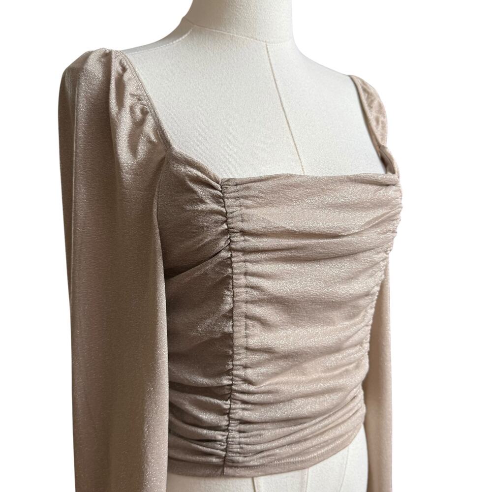 BCBGeneration NWT Champagne Metallic Ruched Square Neck Long Sleeve Crop Top M - Picture 9 of 14